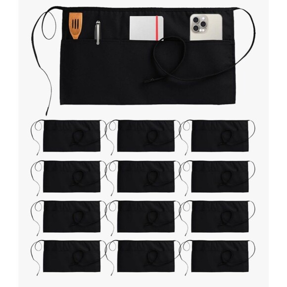 Waist Apron with 3 Pockets 12 Pack - Black Waitress Server Short Apron - Picture 1 of 8